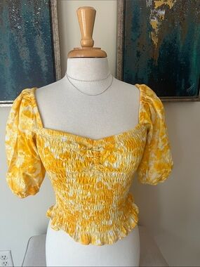 Yellow Smocked Puff-Sleeve Crop Top